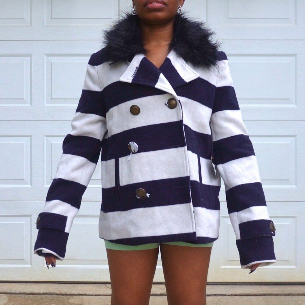Jack by BB Dakota Striped Peacoat L Navy White Faux Fur Double Breasted Coat NWT